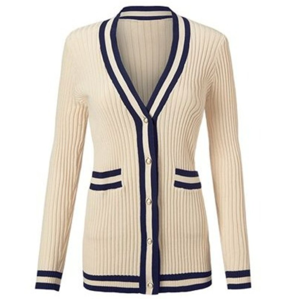 cabi Radcliffe Cardigan -- Cream/Navy -- Preppy/Collegiate -- Small